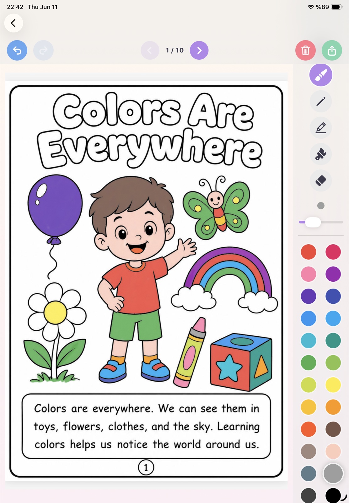Lil Colors on iPad: a large coloring canvas with the full color palette down the side