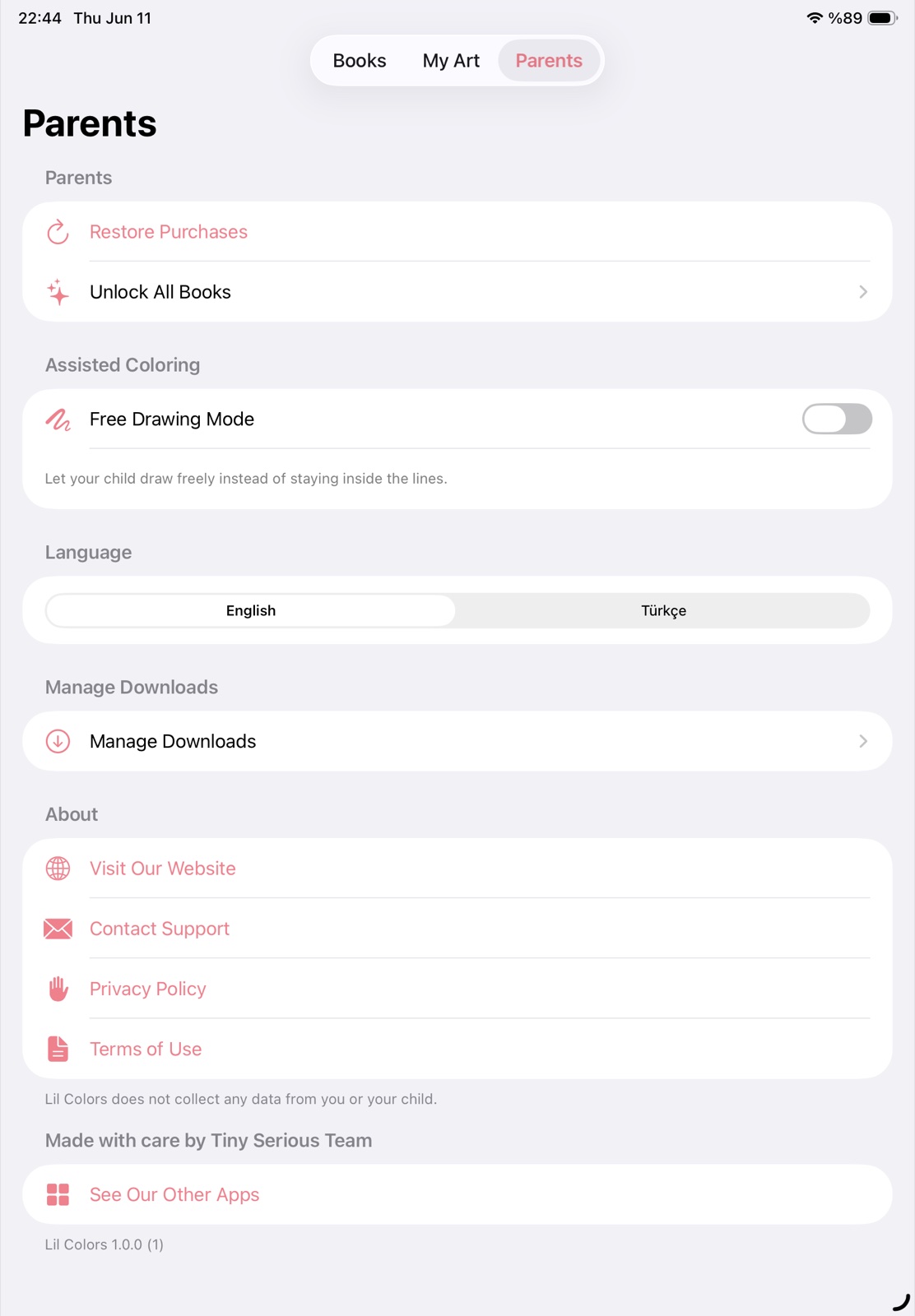 The Parents area on iPad